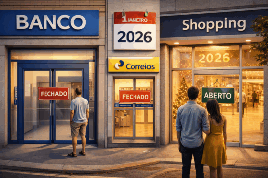 Imagem realista ilustrando o impacto do feriado de ano novo no funcionamento de serviços essenciais. A cena mostra as fachadas de um banco e de uma agência dos Correios com placas de "Fechado", enquanto um shopping exibe placa de "Aberto", tudo ambientado no dia 1º de janeiro de 2026. Um calendário marca a data, e pessoas observam os estabelecimentos. A imagem representa os efeitos práticos do ano novo nos horários de atendimento ao público.