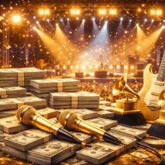 Imagem realista ilustrando o conceito de refr&atilde;o lucrativo no universo da m&uacute;sica. A cena mostra um palco iluminado com luzes douradas e pilhas de dinheiro em destaque, cercadas por microfones dourados, guitarras luxuosas e trof&eacute;us de premia&ccedil;&atilde;o musical. Ao fundo, uma multid&atilde;o vibrante e efeitos de luz transmitem sucesso, faturamento e prest&iacute;gio art&iacute;stico, simbolizando os ganhos milion&aacute;rios dos m&uacute;sicos mais bem pagos do ano.