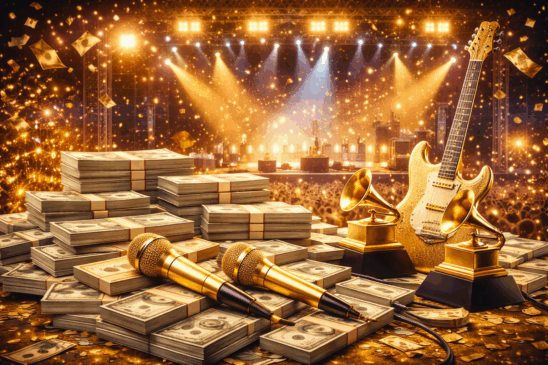 Imagem realista ilustrando o conceito de refrão lucrativo no universo da música. A cena mostra um palco iluminado com luzes douradas e pilhas de dinheiro em destaque, cercadas por microfones dourados, guitarras luxuosas e troféus de premiação musical. Ao fundo, uma multidão vibrante e efeitos de luz transmitem sucesso, faturamento e prestígio artístico, simbolizando os ganhos milionários dos músicos mais bem pagos do ano.