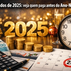 Imagem ilustrativa sobre dividendos no Brasil em 2025. A cena combina elementos financeiros e festivos para destacar empresas que pagam dividendos antes do Ano-Novo. Em primeiro plano, notas de real, moedas douradas empilhadas, uma planilha com gr&aacute;fico de a&ccedil;&otilde;es e uma calculadora representam os rendimentos. Ao fundo, uma decora&ccedil;&atilde;o de R&eacute;veillon com o n&uacute;mero "2025" dourado, ta&ccedil;as de espumante e um rel&oacute;gio marcando 23h55, simbolizam a contagem regressiva para o fim do ano. Um calend&aacute;rio destaca o dia 28, indicando a data limite para o pagamento de dividendos. Imagem horizontal, ideal para mat&eacute;rias jornal&iacute;sticas sobre finan&ccedil;as, investimentos e distribui&ccedil;&atilde;o de lucros no mercado brasileiro.