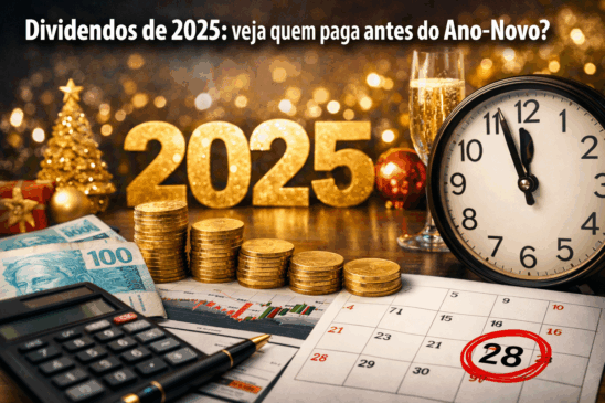 Imagem ilustrativa sobre dividendos no Brasil em 2025. A cena combina elementos financeiros e festivos para destacar empresas que pagam dividendos antes do Ano-Novo. Em primeiro plano, notas de real, moedas douradas empilhadas, uma planilha com gráfico de ações e uma calculadora representam os rendimentos. Ao fundo, uma decoração de Réveillon com o número "2025" dourado, taças de espumante e um relógio marcando 23h55, simbolizam a contagem regressiva para o fim do ano. Um calendário destaca o dia 28, indicando a data limite para o pagamento de dividendos. Imagem horizontal, ideal para matérias jornalísticas sobre finanças, investimentos e distribuição de lucros no mercado brasileiro.