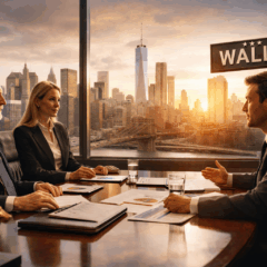 Imagem realista e profissional retratando o ambiente sofisticado dos family offices em Wall Street. Tr&ecirc;s executivos &mdash; dois homens e uma mulher &mdash; discutem estrat&eacute;gias financeiras em uma sala de reuni&otilde;es de alto padr&atilde;o, com ampla vista panor&acirc;mica para o skyline de Nova York, incluindo a One World Trade Center. Ao fundo, a famosa placa da Wall Street refor&ccedil;a o poder e influ&ecirc;ncia desse tipo de gest&atilde;o patrimonial. A mesa de reuni&atilde;o exibe documentos com gr&aacute;ficos, copos de &aacute;gua e notebooks, representando decis&otilde;es financeiras de alto n&iacute;vel. A composi&ccedil;&atilde;o simboliza o crescimento e a centraliza&ccedil;&atilde;o de poder dos family offices no mercado financeiro global, especialmente nos EUA.