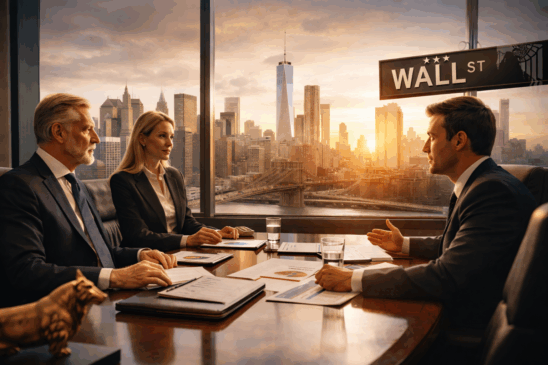 Imagem realista e profissional retratando o ambiente sofisticado dos family offices em Wall Street. Três executivos — dois homens e uma mulher — discutem estratégias financeiras em uma sala de reuniões de alto padrão, com ampla vista panorâmica para o skyline de Nova York, incluindo a One World Trade Center. Ao fundo, a famosa placa da Wall Street reforça o poder e influência desse tipo de gestão patrimonial. A mesa de reunião exibe documentos com gráficos, copos de água e notebooks, representando decisões financeiras de alto nível. A composição simboliza o crescimento e a centralização de poder dos family offices no mercado financeiro global, especialmente nos EUA.