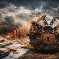 Imagem conceitual e impactante que representa o avan&ccedil;o da d&iacute;vida global em 2026. O globo terrestre aparece envolto por correntes de ferro pesadas e um grande cadeado enferrujado, simbolizando restri&ccedil;&atilde;o e press&atilde;o financeira sobre as economias mundiais. Ao fundo, tempestades com rel&acirc;mpagos e nuvens densas refor&ccedil;am o clima de crise. Gr&aacute;ficos em barras vermelhas crescentes indicam o aumento acelerado da d&iacute;vida. Em primeiro plano, pilhas de d&oacute;lares, moedas douradas, uma calculadora e documentos financeiros refor&ccedil;am o tema econ&ocirc;mico da imagem. Composi&ccedil;&atilde;o ideal para artigos sobre d&iacute;vida p&uacute;blica, mercados financeiros, crises fiscais e desafios econ&ocirc;micos globais.