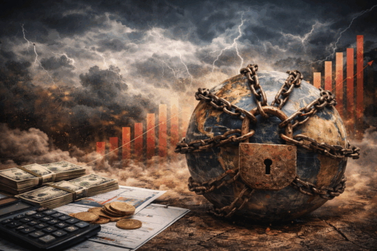 Imagem conceitual e impactante que representa o avanço da dívida global em 2026. O globo terrestre aparece envolto por correntes de ferro pesadas e um grande cadeado enferrujado, simbolizando restrição e pressão financeira sobre as economias mundiais. Ao fundo, tempestades com relâmpagos e nuvens densas reforçam o clima de crise. Gráficos em barras vermelhas crescentes indicam o aumento acelerado da dívida. Em primeiro plano, pilhas de dólares, moedas douradas, uma calculadora e documentos financeiros reforçam o tema econômico da imagem. Composição ideal para artigos sobre dívida pública, mercados financeiros, crises fiscais e desafios econômicos globais.