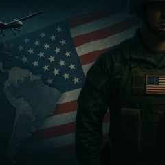 Imagem ilustrativa mostra a presença militar dos EUA sobre a América Latina. Em destaque, um soldado norte-americano com uniforme tático e bandeira dos Estados Unidos no peito simboliza o reforço da estratégia militar. Ao fundo, a bandeira americana sobrepõe-se ao mapa da América Latina, enquanto drones sobrevoam a região, representando vigilância e expansão da influência militar na retomada da Doutrina Monroe.