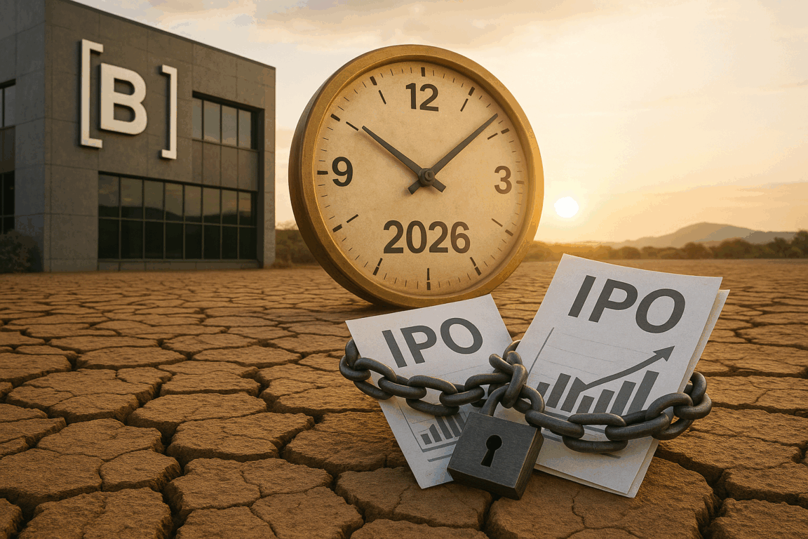 Imagem ilustrativa sobre o cenário dos IPOs na B3, mostrando um ambiente de seca e estagnação desde 2021. Em primeiro plano, documentos de IPOs estão acorrentados com um cadeado, simbolizando o bloqueio nas aberturas de capital. Ao fundo, a sede da B3 aparece sob um céu dourado de pôr do sol, com um grande relógio marcando o ano de 2026 — representando a expectativa de retomada das ofertas públicas. A paisagem seca reforça visualmente o conceito de “seca” de IPOs na bolsa brasileira. Imagem ilustrativa sobre o cenário dos IPOs na B3, mostrando um ambiente de seca e estagnação desde 2021. Em primeiro plano, documentos de IPOs estão acorrentados com um cadeado, simbolizando o bloqueio nas aberturas de capital. Ao fundo, a sede da B3 aparece sob um céu dourado de pôr do sol, com um grande relógio marcando o ano de 2026 — representando a expectativa de retomada das ofertas públicas. A paisagem seca reforça visualmente o conceito de “seca” de IPOs na bolsa brasileira.