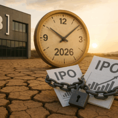 Imagem ilustrativa sobre o cenário dos IPOs na B3, mostrando um ambiente de seca e estagnação desde 2021. Em primeiro plano, documentos de IPOs estão acorrentados com um cadeado, simbolizando o bloqueio nas aberturas de capital. Ao fundo, a sede da B3 aparece sob um céu dourado de pôr do sol, com um grande relógio marcando o ano de 2026 — representando a expectativa de retomada das ofertas públicas. A paisagem seca reforça visualmente o conceito de “seca” de IPOs na bolsa brasileira.