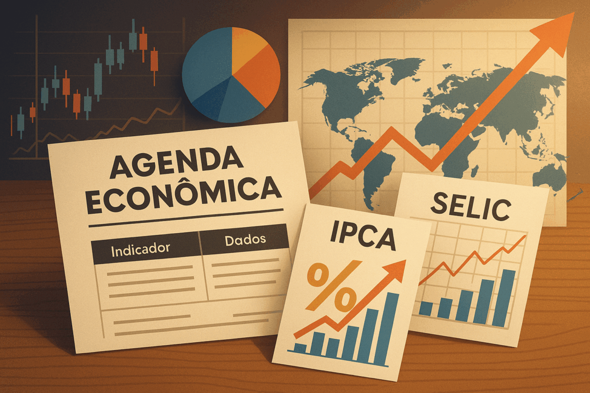 Imagem conceitual sobre a agenda econômica, com destaque para os principais indicadores que movimentam os mercados: IPCA, Selic e dados globais. A cena apresenta gráficos de barras e de linha, uma tabela de indicadores e um mapa-múndi ao fundo com uma seta crescente, simbolizando o impacto da inflação, da política monetária e dos fatores internacionais no cenário financeiro. Ideal para ilustrar matérias, relatórios e conteúdos analíticos sobre a agenda econômica do Brasil e do mundo. Imagem conceitual sobre a agenda econômica, com destaque para os principais indicadores que movimentam os mercados: IPCA, Selic e dados globais. A cena apresenta gráficos de barras e de linha, uma tabela de indicadores e um mapa-múndi ao fundo com uma seta crescente, simbolizando o impacto da inflação, da política monetária e dos fatores internacionais no cenário financeiro. Ideal para ilustrar matérias, relatórios e conteúdos analíticos sobre a agenda econômica do Brasil e do mundo.