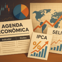 Imagem conceitual sobre a agenda econômica, com destaque para os principais indicadores que movimentam os mercados: IPCA, Selic e dados globais. A cena apresenta gráficos de barras e de linha, uma tabela de indicadores e um mapa-múndi ao fundo com uma seta crescente, simbolizando o impacto da inflação, da política monetária e dos fatores internacionais no cenário financeiro. Ideal para ilustrar matérias, relatórios e conteúdos analíticos sobre a agenda econômica do Brasil e do mundo.