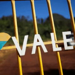 Portão com o logotipo da Vale localizado no centro com trabalhador ao fundo