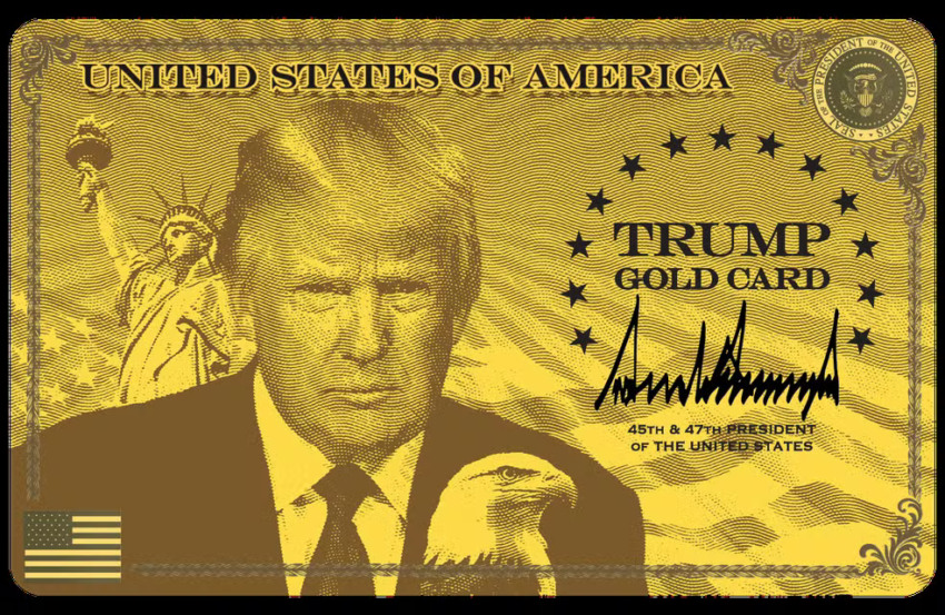 Imagem 'cartão ouro' da imigração americana, uma versão do 'green card' que custa um milhão de dólares. — Foto: Reprodução/trumpcard.gov