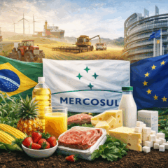 Imagem horizontal realista que representa o impacto do acordo Mercosul-UE no agroneg&oacute;cio brasileiro al&eacute;m das commodities tradicionais. Em primeiro plano, alimentos industrializados e de maior valor agregado &mdash; como carnes embaladas, queijos, frutas, sucos e &oacute;leos &mdash; est&atilde;o dispostos sobre solo f&eacute;rtil e planta&ccedil;&otilde;es. Ao fundo, aparecem lavouras mecanizadas, colheitadeiras em opera&ccedil;&atilde;o e navios cargueiros em porto, simbolizando exporta&ccedil;&atilde;o. As bandeiras do Brasil, Mercosul e Uni&atilde;o Europeia refor&ccedil;am o contexto do acordo Mercosul-UE, enquanto o edif&iacute;cio do Parlamento Europeu surge ao fundo, conectando produ&ccedil;&atilde;o agr&iacute;cola brasileira ao mercado europeu. A cena transmite moderniza&ccedil;&atilde;o do agro, diversifica&ccedil;&atilde;o de produtos e expans&atilde;o do com&eacute;rcio internacional ap&oacute;s o acordo Mercosul-UE.