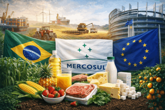 Imagem horizontal realista que representa o impacto do acordo Mercosul-UE no agronegócio brasileiro além das commodities tradicionais. Em primeiro plano, alimentos industrializados e de maior valor agregado — como carnes embaladas, queijos, frutas, sucos e óleos — estão dispostos sobre solo fértil e plantações. Ao fundo, aparecem lavouras mecanizadas, colheitadeiras em operação e navios cargueiros em porto, simbolizando exportação. As bandeiras do Brasil, Mercosul e União Europeia reforçam o contexto do acordo Mercosul-UE, enquanto o edifício do Parlamento Europeu surge ao fundo, conectando produção agrícola brasileira ao mercado europeu. A cena transmite modernização do agro, diversificação de produtos e expansão do comércio internacional após o acordo Mercosul-UE.