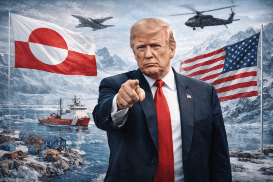Imagem horizontal realista usada em capa jornalística que retrata tensão geopolítica internacional. Em primeiro plano, Donald Trump aponta para frente diante de uma paisagem nevada da Groenlândia, com montanhas geladas e vilarejo costeiro ao fundo. Aeronaves militares e um navio quebra-gelo americano sobrevoam e navegam a região, enquanto bandeiras dos Estados Unidos e da Groenlândia tremulam ao vento. A composição simboliza ação estratégica e disputa por território no cenário global, contexto que se conecta às movimentações diplomáticas e comerciais que também influenciam acordos internacionais como o Mercosul-UE, afetando mercados e relações entre blocos econômicos.