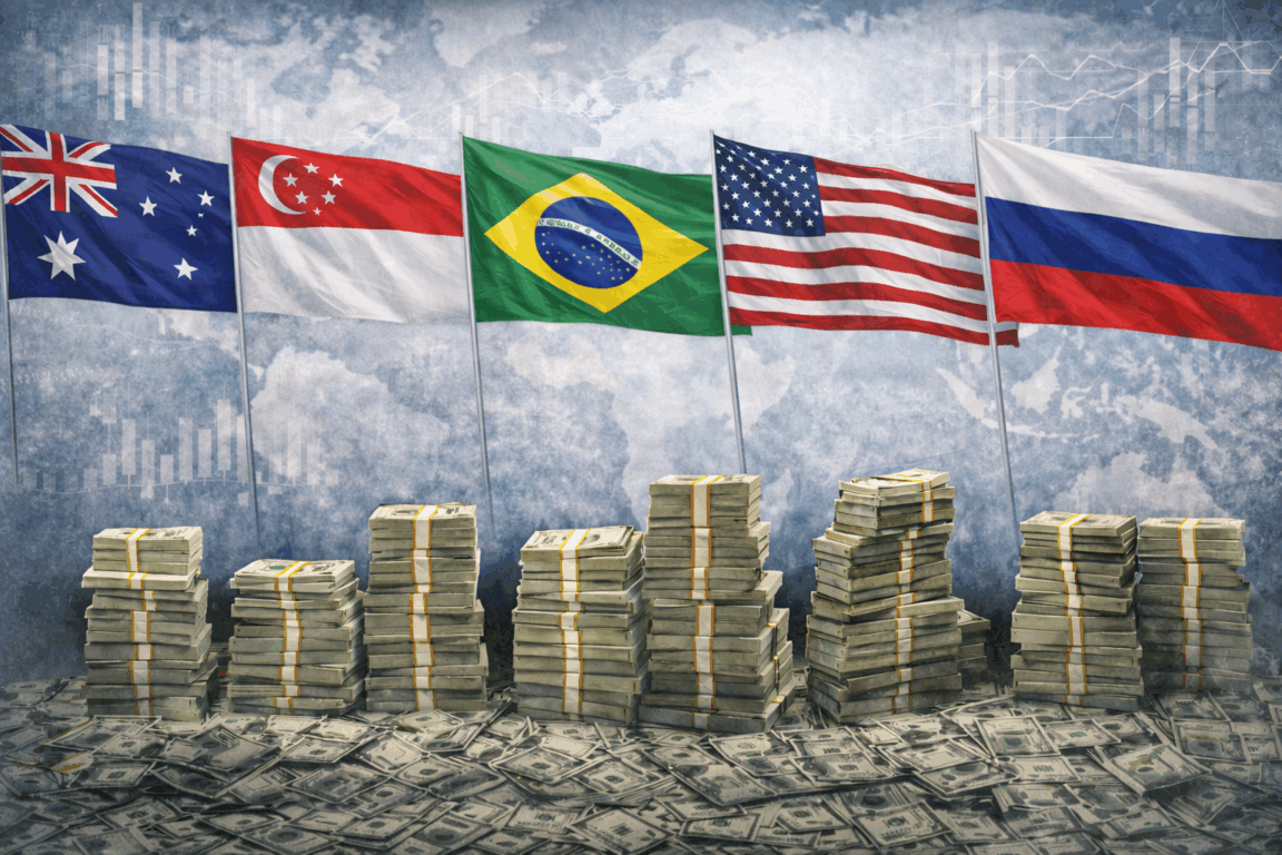 Imagem horizontal realista que ilustra a comparação dos salários de presidentes no mundo. Em primeiro plano, pilhas de notas de dólar empilhadas em diferentes alturas simbolizam a remuneração de chefes de Estado. Ao fundo, aparecem as bandeiras da Austrália, Singapura, Brasil, Estados Unidos, Argentina, Rússia e França, representando os países analisados. Um mapa-múndi em textura suave e gráficos financeiros discretos reforçam o contexto econômico global. A composição visual transmite a ideia de ranking internacional, comparação de rendimentos e poder econômico entre líderes mundiais. Imagem horizontal realista que ilustra a comparação dos salários de presidentes no mundo. Em primeiro plano, pilhas de notas de dólar empilhadas em diferentes alturas simbolizam a remuneração de chefes de Estado. Ao fundo, aparecem as bandeiras da Austrália, Singapura, Brasil, Estados Unidos, Argentina, Rússia e França, representando os países analisados. Um mapa-múndi em textura suave e gráficos financeiros discretos reforçam o contexto econômico global. A composição visual transmite a ideia de ranking internacional, comparação de rendimentos e poder econômico entre líderes mundiais.