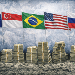 Imagem horizontal realista que ilustra a compara&ccedil;&atilde;o dos sal&aacute;rios de presidentes no mundo. Em primeiro plano, pilhas de notas de d&oacute;lar empilhadas em diferentes alturas simbolizam a remunera&ccedil;&atilde;o de chefes de Estado. Ao fundo, aparecem as bandeiras da Austr&aacute;lia, Singapura, Brasil, Estados Unidos, Argentina, R&uacute;ssia e Fran&ccedil;a, representando os pa&iacute;ses analisados. Um mapa-m&uacute;ndi em textura suave e gr&aacute;ficos financeiros discretos refor&ccedil;am o contexto econ&ocirc;mico global. A composi&ccedil;&atilde;o visual transmite a ideia de ranking internacional, compara&ccedil;&atilde;o de rendimentos e poder econ&ocirc;mico entre l&iacute;deres mundiais.