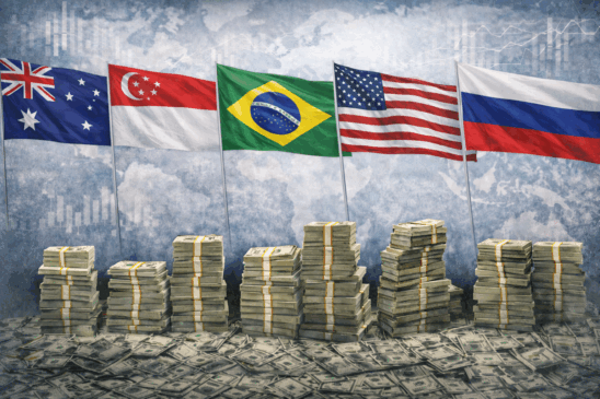 Imagem horizontal realista que ilustra a comparação dos salários de presidentes no mundo. Em primeiro plano, pilhas de notas de dólar empilhadas em diferentes alturas simbolizam a remuneração de chefes de Estado. Ao fundo, aparecem as bandeiras da Austrália, Singapura, Brasil, Estados Unidos, Argentina, Rússia e França, representando os países analisados. Um mapa-múndi em textura suave e gráficos financeiros discretos reforçam o contexto econômico global. A composição visual transmite a ideia de ranking internacional, comparação de rendimentos e poder econômico entre líderes mundiais.