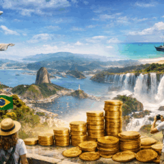 Composi&ccedil;&atilde;o fotogr&aacute;fica realista representando o turismo no Brasil, com o Cristo Redentor e o P&atilde;o de A&ccedil;&uacute;car ao fundo, as Cataratas do Igua&ccedil;u em primeiro plano, praias tropicais de &aacute;gua azul-turquesa e turistas fotografando paisagens naturais. A imagem simboliza o aquecimento do turismo brasileiro e o recorde de faturamento do setor em 2025.