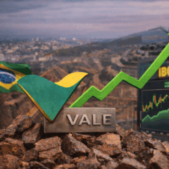 Imagem realista mostrando o logotipo da Vale sobre rochas de min&eacute;rio em primeiro plano, com bandeira do Brasil ao fundo, uma seta verde apontando para cima e um painel de gr&aacute;fico financeiro representando a alta das a&ccedil;&otilde;es no Ibovespa e valoriza&ccedil;&atilde;o da mineradora no mercado financeiro.