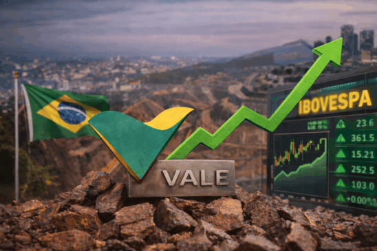 Imagem realista mostrando o logotipo da Vale sobre rochas de minério em primeiro plano, com bandeira do Brasil ao fundo, uma seta verde apontando para cima e um painel de gráfico financeiro representando a alta das ações no Ibovespa e valorização da mineradora no mercado financeiro.