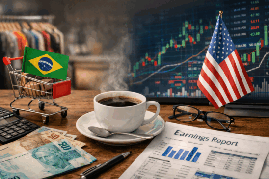 Imagem horizontal realista mostrando uma xícara de café sobre uma mesa de madeira, ao lado de um mini carrinho de compras com a bandeira do Brasil, notas de real, um laptop exibindo gráfico de mercado financeiro e uma bandeira dos Estados Unidos. A composição representa o acompanhamento do varejo nacional e dos balanços das empresas americanas, simbolizando o cenário econômico e financeiro em destaque no Café com BPMoney.
