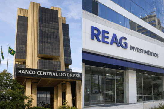Montagem horizontal realista mostrando a fachada do Banco Central do Brasil ao lado da sede da REAG Investimentos, em ambiente urbano diurno, representando o cenário do mercado financeiro, política monetária e atuação de instituições de investimento no Brasil.