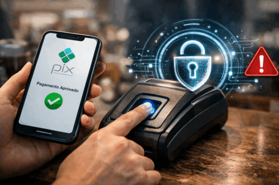 Pagamento via Pix com biometria digital em um ambiente moderno. A imagem mostra uma pessoa realizando uma transação segura através de um leitor de impressão digital conectado a uma maquininha de cartão, enquanto segura um smartphone com a mensagem "Pagamento Aprovado" via Pix. Elementos visuais como cadeado digital e ícone de alerta destacam o equilíbrio entre eficiência no Pix e preocupações com segurança digital. Ilustração realista e horizontal, ideal para matérias jornalísticas sobre tecnologia bancária, segurança e inovação no sistema de pagamentos instantâneos do Brasil.