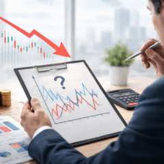 Executivo analisa gr&aacute;ficos de mercado em um escrit&oacute;rio moderno, simbolizando o impacto da incerteza econ&ocirc;mica nas decis&otilde;es financeiras. A imagem mostra um homem de terno observando um gr&aacute;fico de linhas inst&aacute;vel com um ponto de interroga&ccedil;&atilde;o no centro, ao lado de moedas empilhadas, uma calculadora e relat&oacute;rios financeiros. Ao fundo, um cen&aacute;rio urbano desfocado e uma seta vermelha descendente refor&ccedil;am o clima de instabilidade econ&ocirc;mica. Representa&ccedil;&atilde;o realista, limpa e horizontal, ideal para conte&uacute;dos sobre crise, finan&ccedil;as e tomada de decis&otilde;es em cen&aacute;rios incertos.