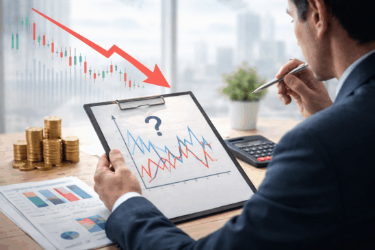 Executivo analisa gráficos de mercado em um escritório moderno, simbolizando o impacto da incerteza econômica nas decisões financeiras. A imagem mostra um homem de terno observando um gráfico de linhas instável com um ponto de interrogação no centro, ao lado de moedas empilhadas, uma calculadora e relatórios financeiros. Ao fundo, um cenário urbano desfocado e uma seta vermelha descendente reforçam o clima de instabilidade econômica. Representação realista, limpa e horizontal, ideal para conteúdos sobre crise, finanças e tomada de decisões em cenários incertos.