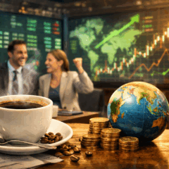 Cen&aacute;rio vibrante que representa os mercados globais em alta no in&iacute;cio de 2026. Em primeiro plano, uma x&iacute;cara de caf&eacute; fumegante repousa sobre uma mesa de madeira com gr&atilde;os ao redor, simbolizando o in&iacute;cio do dia e a an&aacute;lise de mercado. Ao lado, um globo terrestre destaca a interconectividade econ&ocirc;mica, com pilhas de moedas douradas representando crescimento financeiro. Um touro de bronze, s&iacute;mbolo de otimismo no mercado financeiro, refor&ccedil;a a ideia de alta nas bolsas. Ao fundo, duas pessoas em trajes executivos comemoram diante de telas digitais com gr&aacute;ficos ascendentes, simbolizando o bom humor dos mercados globais. A imagem combina elementos de economia, otimismo e globaliza&ccedil;&atilde;o, ideal para ilustrar not&iacute;cias e conte&uacute;dos sobre finan&ccedil;as internacionais.