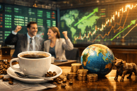 Cenário vibrante que representa os mercados globais em alta no início de 2026. Em primeiro plano, uma xícara de café fumegante repousa sobre uma mesa de madeira com grãos ao redor, simbolizando o início do dia e a análise de mercado. Ao lado, um globo terrestre destaca a interconectividade econômica, com pilhas de moedas douradas representando crescimento financeiro. Um touro de bronze, símbolo de otimismo no mercado financeiro, reforça a ideia de alta nas bolsas. Ao fundo, duas pessoas em trajes executivos comemoram diante de telas digitais com gráficos ascendentes, simbolizando o bom humor dos mercados globais. A imagem combina elementos de economia, otimismo e globalização, ideal para ilustrar notícias e conteúdos sobre finanças internacionais.