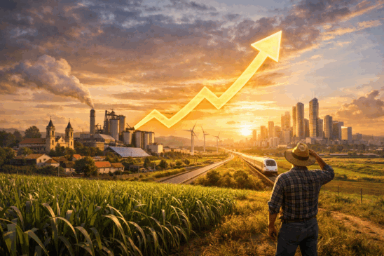 Cena realista retratando o desenvolvimento econômico do interior paulista em 2026. A imagem mostra uma transição visual entre áreas rurais tradicionais, com plantações de cana-de-açúcar e um agricultor observando o horizonte, e um cenário urbano moderno ao fundo, com arranha-céus, energia renovável (aerogeradores) e infraestrutura avançada, incluindo uma linha de trem de alta velocidade. No céu, um gráfico em formato de seta crescente simboliza o avanço da economia regional. Ideal para ilustrar matérias sobre crescimento econômico, inovação e futuro promissor no interior paulista.