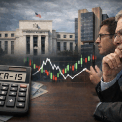 Imagem horizontal realista representando o impacto do ipca-15 no cen&aacute;rio econ&ocirc;mico. Em primeiro plano, uma calculadora exibe &ldquo;IPCA-15&rdquo; sobre notas de real. Ao fundo, dois economistas analisam um gr&aacute;fico de mercado com oscila&ccedil;&otilde;es, diante dos pr&eacute;dios do Banco Central do Brasil e do Federal Reserve, simbolizando expectativa para decis&otilde;es de juros na Super Quarta.