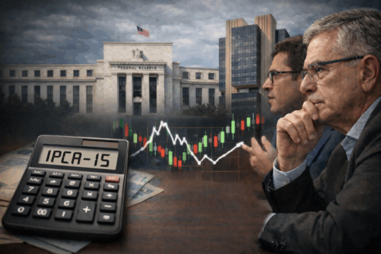 Imagem horizontal realista representando o impacto do ipca-15 no cenário econômico. Em primeiro plano, uma calculadora exibe “IPCA-15” sobre notas de real. Ao fundo, dois economistas analisam um gráfico de mercado com oscilações, diante dos prédios do Banco Central do Brasil e do Federal Reserve, simbolizando expectativa para decisões de juros na Super Quarta.