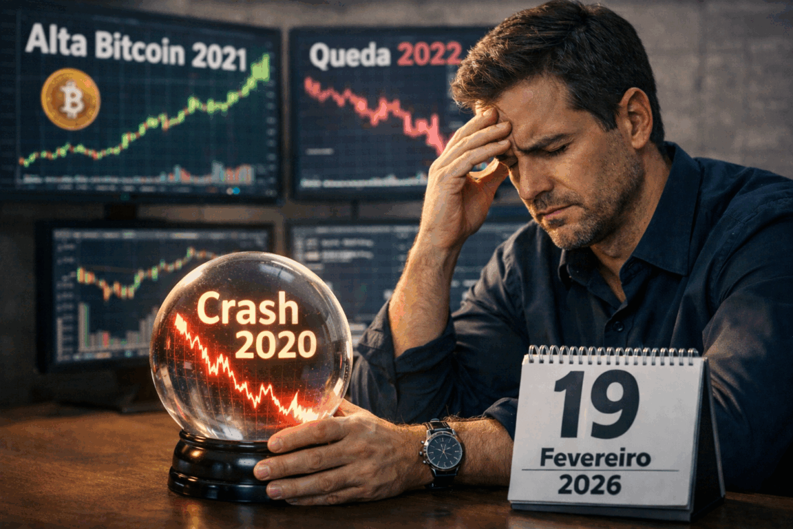 Homem pensativo sentado em frente a uma mesa de trabalho, olhando fixamente para uma bola de cristal com a inscrição “Crash 2020” iluminada em vermelho, representando uma previsão de queda do mercado. Ao fundo, há gráficos financeiros e um calendário marcando 19 de fevereiro de 2026. A imagem simboliza a dificuldade de prever o mercado, mesmo com informações antecipadas. Representa de forma visual e impactante o desafio de acertar o timing dos investimentos, mesmo para quem tenta prever o mercado com base em dados passados. Homem pensativo sentado em frente a uma mesa de trabalho, olhando fixamente para uma bola de cristal com a inscrição “Crash 2020” iluminada em vermelho, representando uma previsão de queda do mercado. Ao fundo, há gráficos financeiros e um calendário marcando 19 de fevereiro de 2026. A imagem simboliza a dificuldade de prever o mercado, mesmo com informações antecipadas. Representa de forma visual e impactante o desafio de acertar o timing dos investimentos, mesmo para quem tenta prever o mercado com base em dados passados.