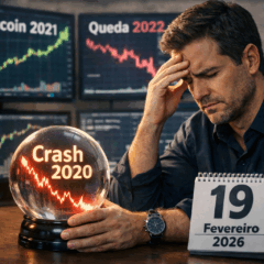 Homem pensativo sentado em frente a uma mesa de trabalho, olhando fixamente para uma bola de cristal com a inscri&ccedil;&atilde;o &ldquo;Crash 2020&rdquo; iluminada em vermelho, representando uma previs&atilde;o de queda do mercado. Ao fundo, h&aacute; gr&aacute;ficos financeiros e um calend&aacute;rio marcando 19 de fevereiro de 2026. A imagem simboliza a dificuldade de prever o mercado, mesmo com informa&ccedil;&otilde;es antecipadas. Representa de forma visual e impactante o desafio de acertar o timing dos investimentos, mesmo para quem tenta prever o mercado com base em dados passados.