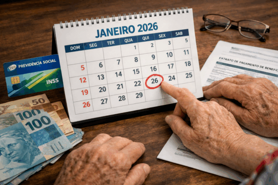 Imagem realista e detalhada do calendário janeiro 2026 com destaque para o dia 26, data de início dos pagamentos do INSS. A cena mostra mãos de idosos apontando para o calendário sobre uma mesa de madeira, ao lado de um cartão da Previdência Social (INSS), cédulas de dinheiro em reais e um extrato de benefício. Iluminação natural e foco nítido transmitem credibilidade, ideal para matérias jornalísticas sobre aposentadorias, benefícios e datas de pagamento do INSS em janeiro de 2026.
