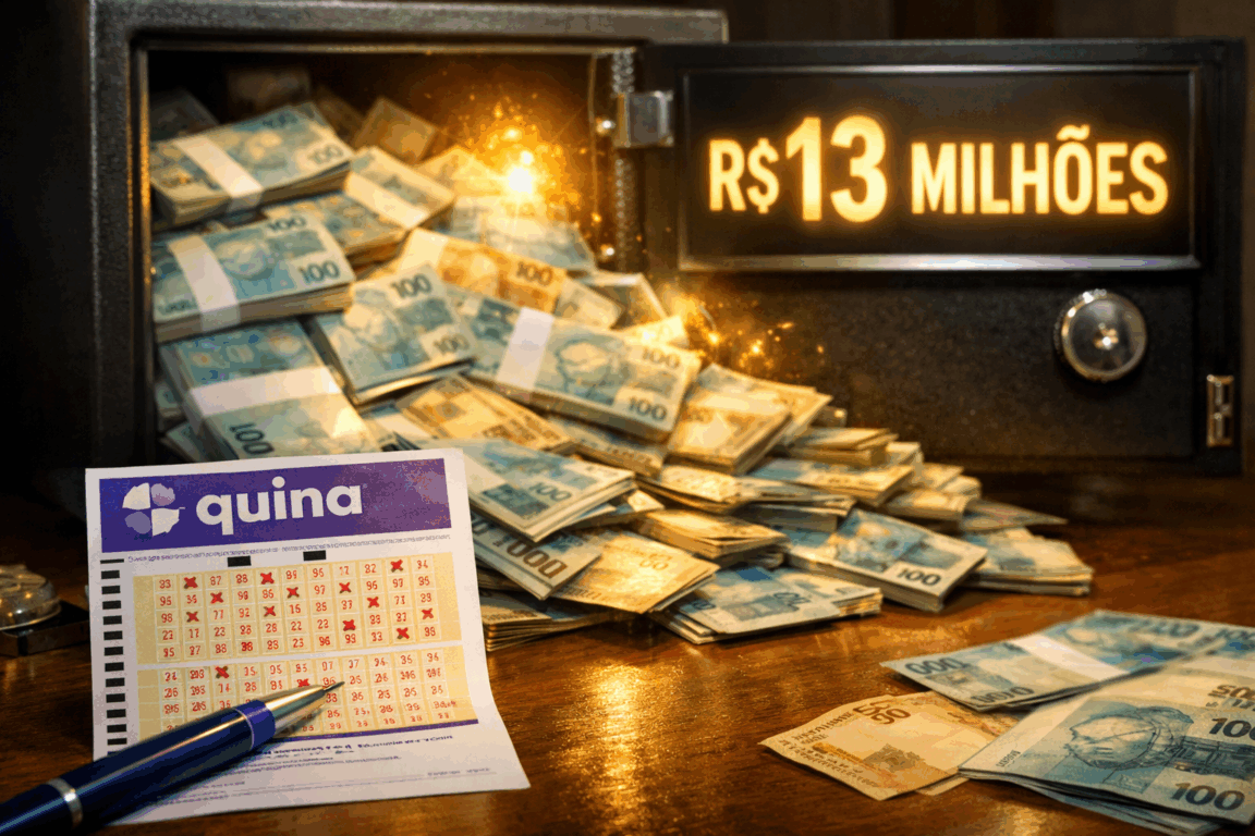 Imagem ilustrativa da Quina 6919 acumulada, destacando um bilhete da loteria Quina sobre uma mesa de madeira, ao lado de um cofre aberto repleto de cédulas de reais. A cena, em estilo fotográfico, transmite realismo e expectativa, com iluminação dourada destacando o valor acumulado do prêmio: R$ 13 milhões. Ideal para matérias jornalísticas sobre loterias, apostas e economia. Essa representação visual da Quina 6919 é perfeita para atrair cliques no Google Fotos e gerar engajamento em conteúdos relacionados a jogos de azar no Brasil. Imagem ilustrativa da Quina 6919 acumulada, destacando um bilhete da loteria Quina sobre uma mesa de madeira, ao lado de um cofre aberto repleto de cédulas de reais. A cena, em estilo fotográfico, transmite realismo e expectativa, com iluminação dourada destacando o valor acumulado do prêmio: R$ 13 milhões. Ideal para matérias jornalísticas sobre loterias, apostas e economia. Essa representação visual da Quina 6919 é perfeita para atrair cliques no Google Fotos e gerar engajamento em conteúdos relacionados a jogos de azar no Brasil.