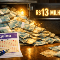 Imagem ilustrativa da Quina 6919 acumulada, destacando um bilhete da loteria Quina sobre uma mesa de madeira, ao lado de um cofre aberto repleto de c&eacute;dulas de reais. A cena, em estilo fotogr&aacute;fico, transmite realismo e expectativa, com ilumina&ccedil;&atilde;o dourada destacando o valor acumulado do pr&ecirc;mio: R$ 13 milh&otilde;es. Ideal para mat&eacute;rias jornal&iacute;sticas sobre loterias, apostas e economia. Essa representa&ccedil;&atilde;o visual da Quina 6919 &eacute; perfeita para atrair cliques no Google Fotos e gerar engajamento em conte&uacute;dos relacionados a jogos de azar no Brasil.