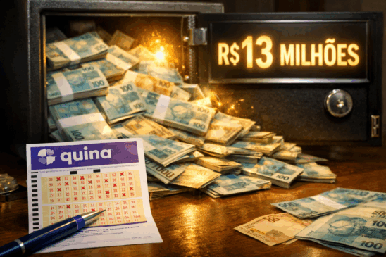Imagem ilustrativa da Quina 6919 acumulada, destacando um bilhete da loteria Quina sobre uma mesa de madeira, ao lado de um cofre aberto repleto de cédulas de reais. A cena, em estilo fotográfico, transmite realismo e expectativa, com iluminação dourada destacando o valor acumulado do prêmio: R$ 13 milhões. Ideal para matérias jornalísticas sobre loterias, apostas e economia. Essa representação visual da Quina 6919 é perfeita para atrair cliques no Google Fotos e gerar engajamento em conteúdos relacionados a jogos de azar no Brasil.