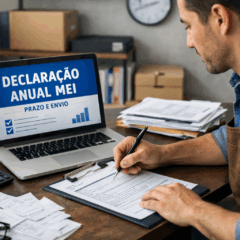 Empreendedor MEI preenche a declara&ccedil;&atilde;o anual de rendimentos em um ambiente de home office. Na imagem, o microempreendedor individual aparece concentrado ao preencher formul&aacute;rios fiscais, com laptop exibindo a mensagem &ldquo;Declara&ccedil;&atilde;o Anual MEI&rdquo;, al&eacute;m de notas fiscais, calculadora e documentos sobre a mesa. A foto representa o processo de entrega da declara&ccedil;&atilde;o anual obrigat&oacute;ria para MEIs no Brasil, destacando o cuidado e a organiza&ccedil;&atilde;o necess&aacute;rios para cumprir as obriga&ccedil;&otilde;es fiscais. Imagem ideal para mat&eacute;rias sobre imposto de renda para MEI, prazos de entrega e contabilidade para pequenos neg&oacute;cios.