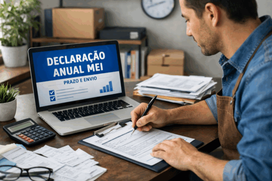 Empreendedor MEI preenche a declaração anual de rendimentos em um ambiente de home office. Na imagem, o microempreendedor individual aparece concentrado ao preencher formulários fiscais, com laptop exibindo a mensagem “Declaração Anual MEI”, além de notas fiscais, calculadora e documentos sobre a mesa. A foto representa o processo de entrega da declaração anual obrigatória para MEIs no Brasil, destacando o cuidado e a organização necessários para cumprir as obrigações fiscais. Imagem ideal para matérias sobre imposto de renda para MEI, prazos de entrega e contabilidade para pequenos negócios.