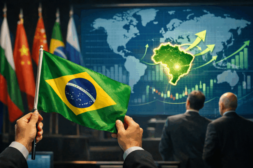 Imagem representando o destaque do Brasil entre os mercados emergentes como principal destino de fundos globais. Em primeiro plano, uma bandeira do Brasil é erguida com destaque, simbolizando confiança e protagonismo. Ao fundo, executivos observam um painel digital com mapa mundi e gráficos financeiros ascendentes, indicando fluxo de capital e investimentos internacionais direcionados ao Brasil. Bandeiras de outros países emergentes aparecem desfocadas, reforçando o foco nos fundos globais voltados ao mercado brasileiro. Imagem horizontal, realista e ideal para matérias jornalísticas sobre economia, finanças e investimentos.