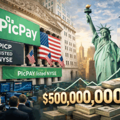Imagem horizontal e realista que ilustra a abertura de capital do PicPay nos Estados Unidos. A cena mostra a fachada da Bolsa de Valores de Nova York (NYSE) com bandeiras americanas e um painel digital exibindo o logo do PicPay, simbolizando o IPO da fintech brasileira no mercado norte-americano. Ao fundo, o skyline de Nova York e a Est&aacute;tua da Liberdade refor&ccedil;am o contexto internacional, enquanto elementos gr&aacute;ficos sutis de alta representam o objetivo de capta&ccedil;&atilde;o de US$ 500 milh&otilde;es. A composi&ccedil;&atilde;o visual comunica expans&atilde;o global, mercado financeiro e crescimento do PicPay.