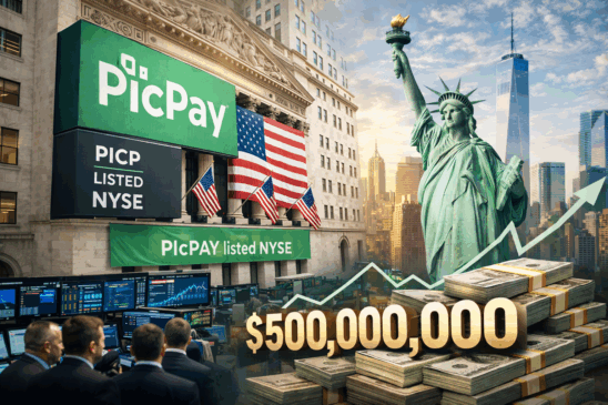 Imagem horizontal e realista que ilustra a abertura de capital do PicPay nos Estados Unidos. A cena mostra a fachada da Bolsa de Valores de Nova York (NYSE) com bandeiras americanas e um painel digital exibindo o logo do PicPay, simbolizando o IPO da fintech brasileira no mercado norte-americano. Ao fundo, o skyline de Nova York e a Estátua da Liberdade reforçam o contexto internacional, enquanto elementos gráficos sutis de alta representam o objetivo de captação de US$ 500 milhões. A composição visual comunica expansão global, mercado financeiro e crescimento do PicPay.