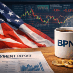 Imagem realista representando o impacto dos dados de emprego dos EUA sobre os mercados financeiros e o Bitcoin. Em destaque, uma x&iacute;cara de caf&eacute; com a marca "BPM" simboliza o quadro jornal&iacute;stico "Caf&eacute; com BPM", ao lado de moedas de Bitcoin douradas sobre uma mesa de madeira. Ao fundo, a bandeira dos EUA aparece parcialmente, com um painel digital de gr&aacute;ficos financeiros exibindo quedas nas bolsas. Um relat&oacute;rio de emprego ("Employment Report") refor&ccedil;a o foco nos dados macroecon&ocirc;micos americanos. Ideal para ilustrar mat&eacute;rias jornal&iacute;sticas sobre economia, criptomoedas e os reflexos dos indicadores dos EUA nos mercados globais.