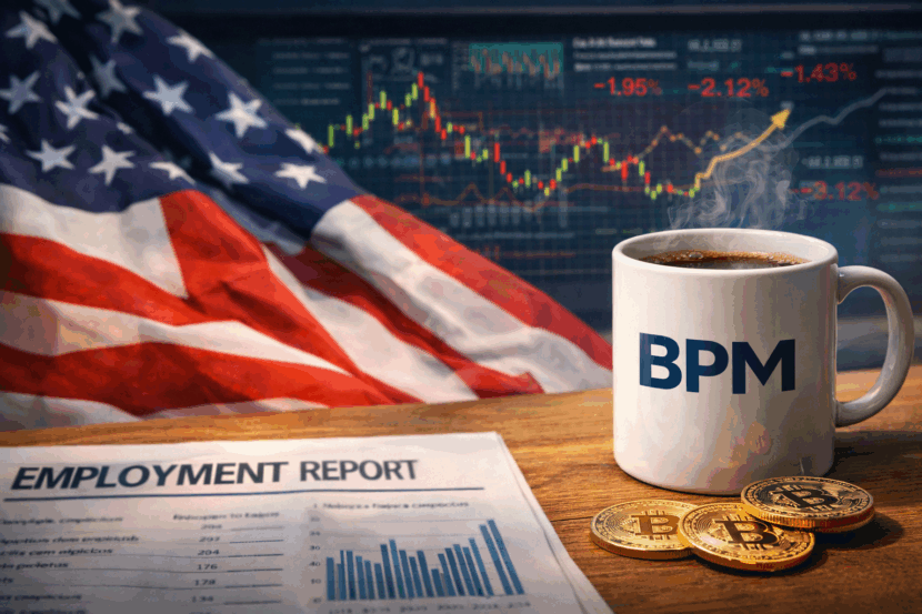 Imagem realista representando o impacto dos dados de emprego dos EUA sobre os mercados financeiros e o Bitcoin. Em destaque, uma xícara de café com a marca "BPM" simboliza o quadro jornalístico "Café com BPM", ao lado de moedas de Bitcoin douradas sobre uma mesa de madeira. Ao fundo, a bandeira dos EUA aparece parcialmente, com um painel digital de gráficos financeiros exibindo quedas nas bolsas. Um relatório de emprego ("Employment Report") reforça o foco nos dados macroeconômicos americanos. Ideal para ilustrar matérias jornalísticas sobre economia, criptomoedas e os reflexos dos indicadores dos EUA nos mercados globais.