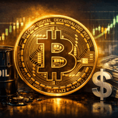 Imagem realista e impactante representando o bitcoin em destaque no centro, com s&iacute;mbolo dourado reluzente e detalhes digitais que remetem &agrave; tecnologia blockchain. &Agrave; esquerda, um barril de petr&oacute;leo preto com l&iacute;quido escorrendo simboliza a influ&ecirc;ncia do mercado energ&eacute;tico. &Agrave; direita, pilhas de d&oacute;lares e um cifr&atilde;o prateado refor&ccedil;am a rela&ccedil;&atilde;o entre bitcoin, c&acirc;mbio e economia global. Ao fundo, um gr&aacute;fico financeiro em alta sugere valoriza&ccedil;&atilde;o do bitcoin no cen&aacute;rio econ&ocirc;mico atual. A ilumina&ccedil;&atilde;o em tons de dourado e azul transmite sofistica&ccedil;&atilde;o e seriedade, ideal para ilustrar mat&eacute;rias sobre cota&ccedil;&atilde;o do bitcoin, petr&oacute;leo e d&oacute;lar.
