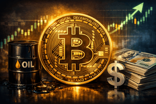 Imagem realista e impactante representando o bitcoin em destaque no centro, com símbolo dourado reluzente e detalhes digitais que remetem à tecnologia blockchain. À esquerda, um barril de petróleo preto com líquido escorrendo simboliza a influência do mercado energético. À direita, pilhas de dólares e um cifrão prateado reforçam a relação entre bitcoin, câmbio e economia global. Ao fundo, um gráfico financeiro em alta sugere valorização do bitcoin no cenário econômico atual. A iluminação em tons de dourado e azul transmite sofisticação e seriedade, ideal para ilustrar matérias sobre cotação do bitcoin, petróleo e dólar.
